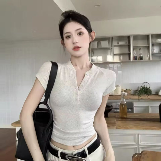2025 Summer Y2K T Shirt Women Button V-Neck Short-Sleeved T-shirt Woman Crop Top Slim Pleated Sexy Tee Shirt Woman Clothes