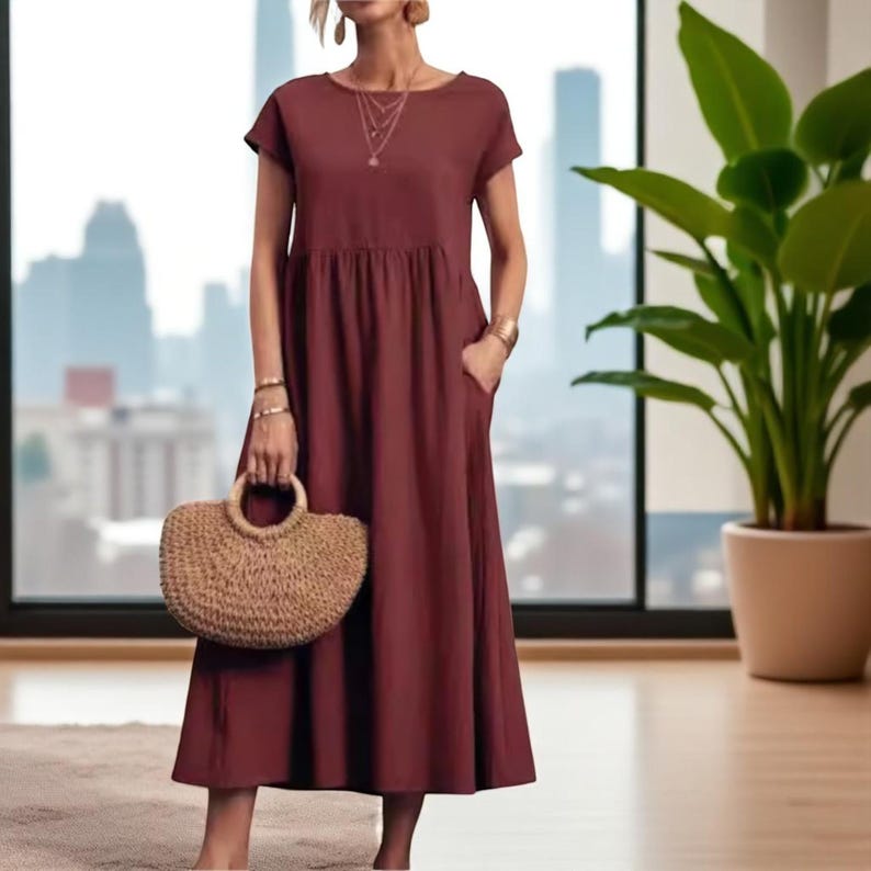 Women’s Vintage Cotton Linen Dress, Elegant Summer Long Sundress, O-Neck Short Sleeve Dress, Casual Boho Maxi Dress for Women