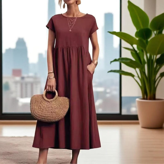 Women’s Vintage Cotton Linen Dress, Elegant Summer Long Sundress, O-Neck Short Sleeve Dress, Casual Boho Maxi Dress for Women